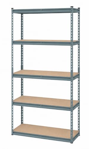 Image of Adjustable 5-Shelf Metal Storage Rack | Heavy-Duty Steel Boltless Rivet Utility Shelving Unit for Garage, Kitchen & Office | 54 Inches Height (54 x 24 x 12 in) - Grey