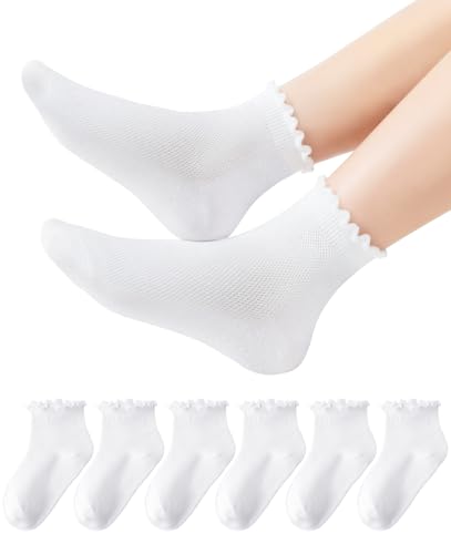 HONGTEYA Girls White Ruffle Socks School Dress Uniform Lace Cotton Socks for Kids Frilly Ankle 6 Pairs Size 2-14 Years (US Age 4 Years 6 Years Ruffle)