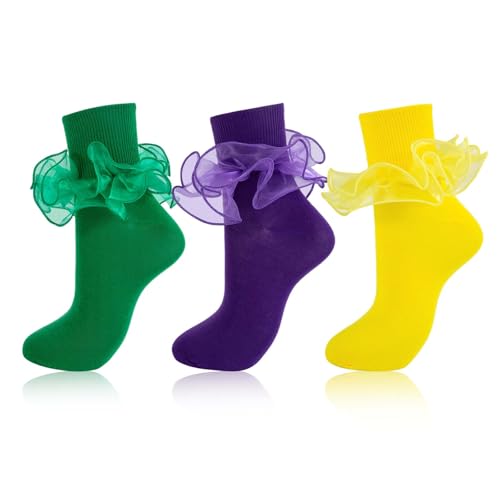 Image of Women Big Ruffle Ankle Socks Adult Double Lace Frilly Turn Cuff Dress Socks Cotton Cute Fancy Bobby Crew Socks