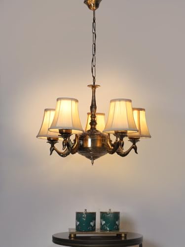 Image of Devansh 05-Light Conical Off-White Cotton Shade Chandelier - Antique Golden Finish | Adjustable Cord | Warm Glow Lamp - Ceiling Light for Living Room, Dining Area, Bedroom & Entryway Decor - D3