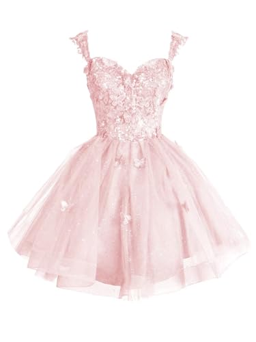 BONOYUER Off The Shoulder Tulle Homecoming Dresses for Teens 3D Butterfly Short Prom Dress Glitter Quinceanera Dress