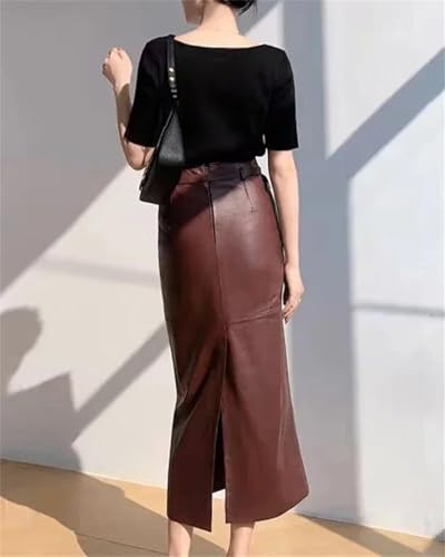 Women Ankle Long Leather Skirt with Waist Belt Female Soft Leather Back Split Straight Slim Skirts3