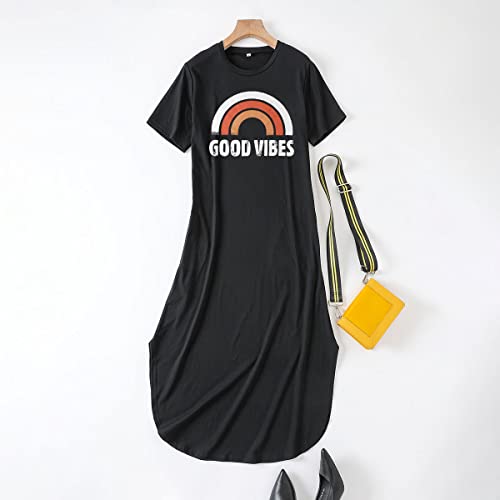 Image of Good Vibes Rainbow Graphic Dress Womens Sleeveless Pocket Maxi Dress Hawaiian Beach Tank Dress