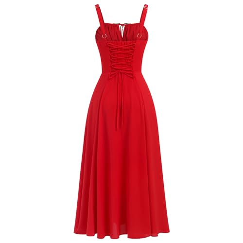 Image of Women Floral Corset Dress 2026 Boho Midi Sundress Summer Dress | Flowy A-Line Dress with Adjustable Spaghetti Straps Lace Up Back Front Slit High Waist for Vacation Wedding Guest