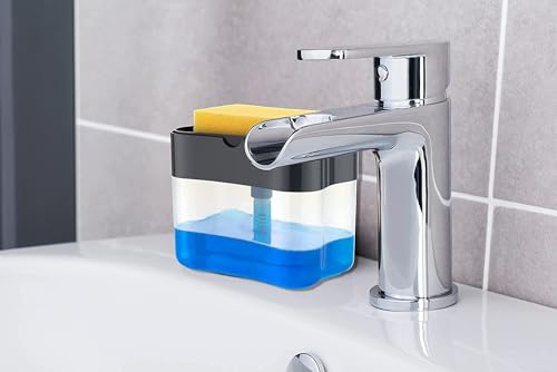 Image of Kuber Industries Rectangle Liquid Soap Dispenser for Kitchen | with Pump and Sponge Holder | Plastic, Lightweight & Durable | Multipurpose Use, Ergonomic Design & Easy to Clean (Grey)