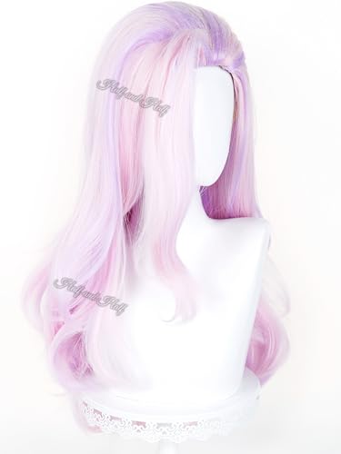 Image of Takako Uro Cosplay Wig Long Curly Pink and Light Purple Anime Wig for Women Vibrant Pink Wigs with Long Side Part Bangs for Halloween Party Daily