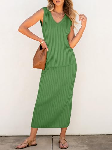 Image of Women's 2 Piece Outfits Summer Sweater Skirt Sets Casual Sleeveless V Neck Ribbed Vest Knit Tops Midi Dress