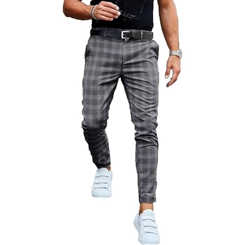 Men Checked Printed Dress Pants Plaid Casual Slim Fit Stretch Pant Stylish Flat Front Business Pencil Trousers