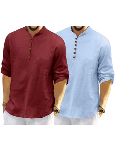 Image of Macsivo Men's Cotton Blend Kurta with Solid Band Collar Full Sleeve Button Closure Regular Fit Curved Hem Length | Kurta for Man | Combo Pack of 2