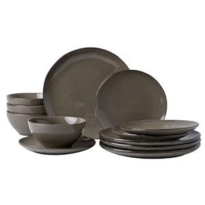 famiware Plates and Bowls Sets for 4, 12 Pieces Stoneware Dinnerware Sets, Dishes Set, Reactive Glaze Dishware Sets, Dishwasher & Microwave Safe, Tempus Series – Dark Olive