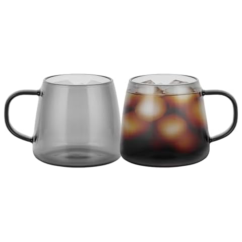 NIRA.Z 14oz Smoky Black Glass Coffee Mug, Anti-Scald Handle, Hand-Blown, Lightweight, Seamless Design, Glass Cup for Hot & Cold Beverages, Cappuccino, Latte, Tea – Set of 2, Ideal for Home & Café Cover