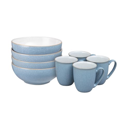 Denby - Elements Coffee Mug & Cereal Bowl 8 Piece Set - Blue Glaze Dishwasher & Microwave Safe Stoneware - 4 x 330ml Tea Cups & Cereal Bowls for Soup - Ceramic Chip Resistant for Everyday Use