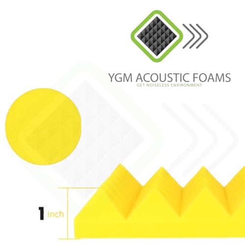 Image of YGM Acoustic Foams Pyramid Acoustic Panels 1 Foot x 1 Foot x 1 inch Thick | 50 Density Acoustical Sound Proof Foam for Room & Studio | Echo Reduction & Noise Absorption (Yellow, Set of 54)