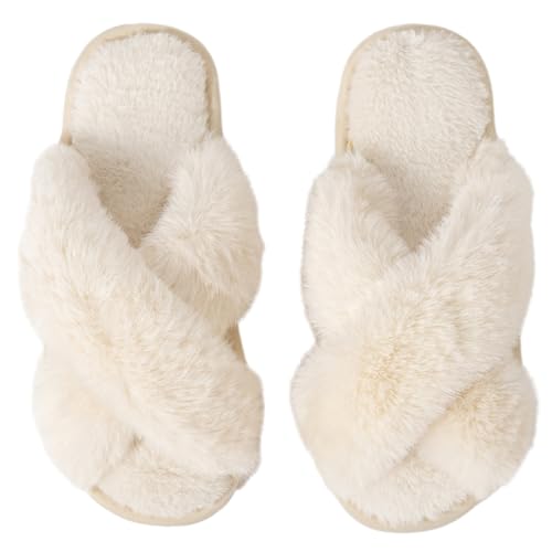 Image of Women's Cross Band Fuzzy Slippers Fluffy Open Toe House Slippers