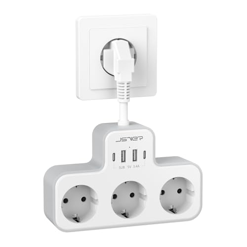JSVER Multiple Power Strip med 4 USB-portar (2A + 2C), 7 i 1 Vägguttagsadapter med Flexibel Kabel, 3-vägs Power Strip-Vit