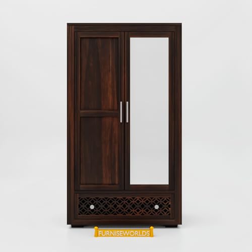 Image of Sheesham Wood 2-Door Wardrobe with Mirror, Metal Handles, 3 Shelves, Floral Carved Panel, 182.9 x 91.4 x 55.9 cm, Fully Assembled 1 Year Warrenty