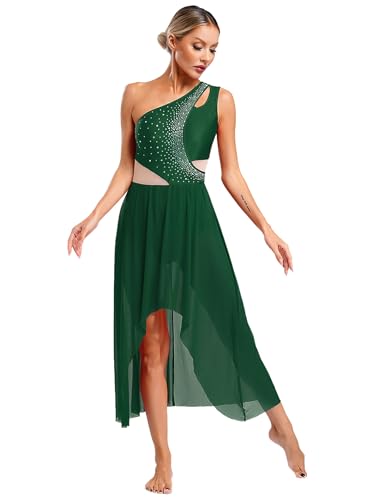 Yruioon Damen Eiskunstlauf Kleid Glitzer Ballettkleid EIN-Schulter Rollschuhkleid Kürkleid Rollkunstlauf Tanzkleid Wettbewerb Tanzkostüm Grün M