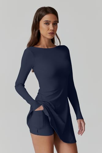 QINSEN Women's Open Back Tennis Dress Long Sleeve Built in Shorts Golf Athletic Dress with Pockets3