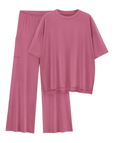 Image of KIRUNDO 2 Piece Lounge Sets for Women Airport Travel Vacation Outfits Summer Casual Loose Short Sleeve Tops & Wide Leg Pants