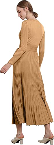 Image of Women's Long Sleeve Sweater Dress Ankle Length Fall Dress Vneck Knit Winter Dress