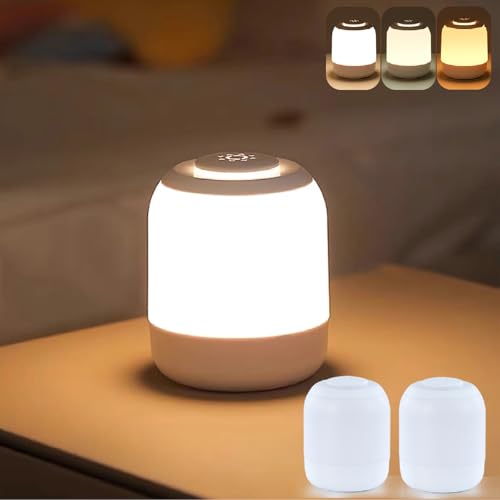 2 Pack Eye Caring Bedside Lamps, Small Touch Lamp, Kids Bedroom Night Light, 3-Way Dimmable Warm/Cold Night Lamp, Children Night Light, USB Rechargeable Portable Lamp for Baby Nursing / Sleeping Aid