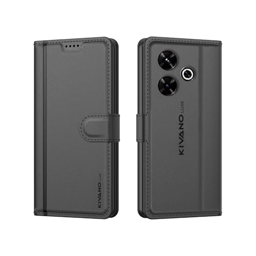 Image of KIVANO LUXE Compatible for Poco M6 Plus 5G / Redmi 13 5G Luxury Handmade Leather Magnetic Flip Folio Case | Card Holder & Kickstand | Slim Protective Cover | Unisex - Black