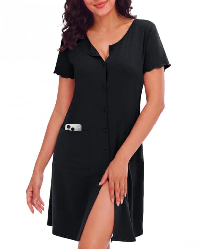 Image of ZOOSIXX Nightgowns for Women - Short Sleeve Sleepwear Button Up Pajamas for Women V-Neck Sleepwear Dress with Pockets