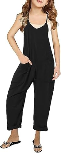 CharmWM Girls Casual Jumpsuits Spaghetti Strap Sleeveless Loose Romper Long Pants with Pockets Kids Clothes