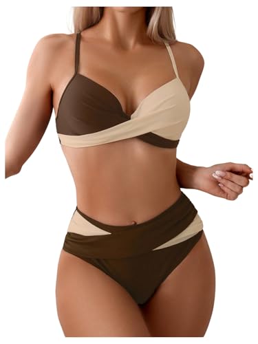 Verdusa Women's 2 Piece Color Block Swimsuit Underwired Criss Cross High Waisted Bikini Set