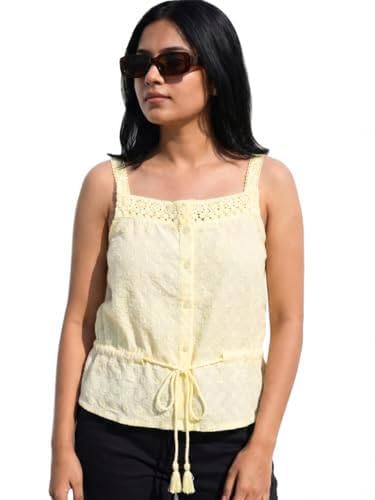 Image of Tokyo Talkies Women's Sleeveless Shoulder Strap Embroidered Tops| Stylish Casual wear