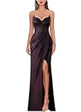 VFSHOW Womens 2025 Formal Prom High Slit Ruched Maxi Dress Sexy Spaghetti Strap Sweetheart Neck Cocktail Wedding Guest Sparkly Fitted Bodycon Evening Long Gown (Black, Medium) 12012 BLK M