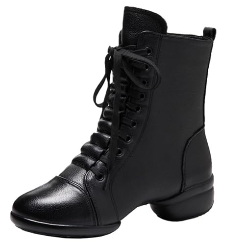 Amtopiyo Women's Genuine Leather Jazz Dancing Ankle Boots Split Sole Lace-Up & Side Zipper Dance Shoes