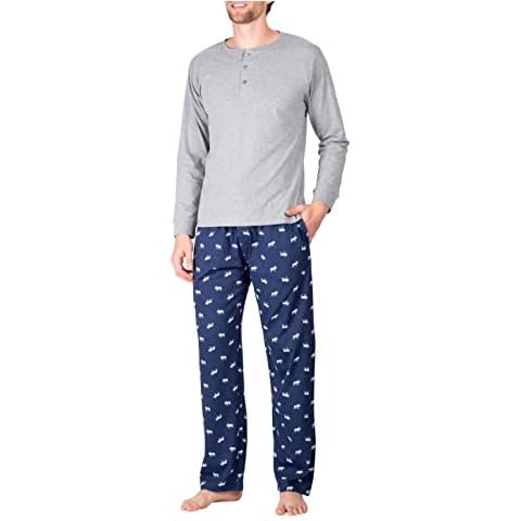 SLEEPHERO Men’s Pajama Set Pajamas For Men 2 Piece PJ Set with Cotton Knit Men Pajama Pants and Long Sleeve Henley T-Shirt Grey with Moose Large Cover