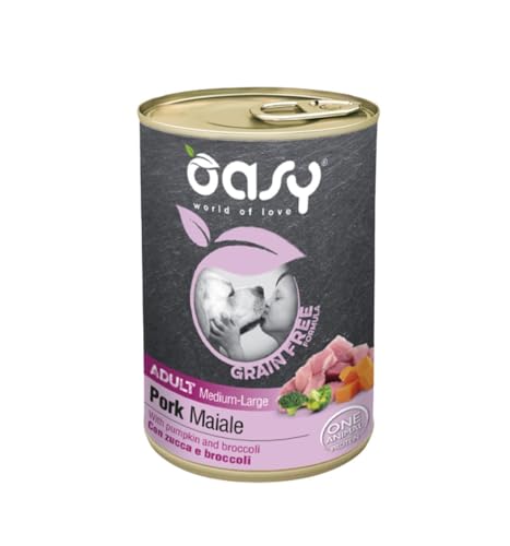 Oasy umido cane adult grainfree, alimento completo per cani adulti di taglia media e grande (medium) gusto MAIALE | 6 scatolette da 400 grammi l’una.