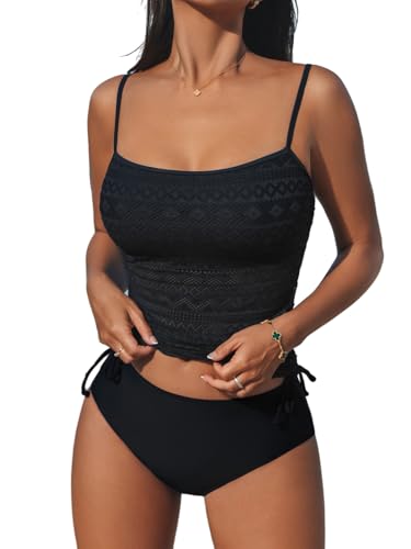CUPSHE Damen Tankini-Sets, zweiteiliger Badeanzug, quadratischer Ausschnitt, Netz-Badeanzug, verstellbare Spaghettiträger, Kordelzug, Schwarz , M
