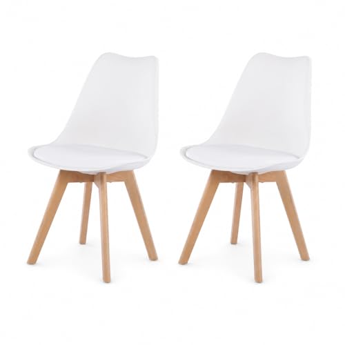 EGGREE Lot de 2 Chaises de Cuisine en Bois SGS Tested Rétro Rembourrée Chaise de Salle de Bureau avec Pieds en Bois de Hêtre Massif Blanc