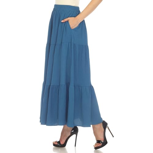 white mark Women's Elastic High Waist Pleated Tiered A-Line Swing Maxi Skirt with Pockets2