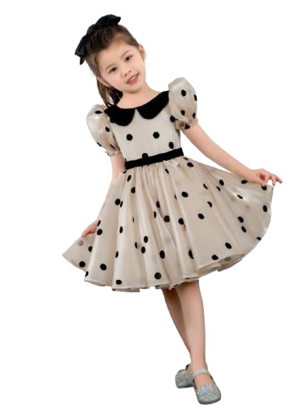 Image of Captivating Polka Dot Printed Baby Frock, Elegant Organza Cotton Puff Sleeve Kids Dress with Peter Pan Collar Celebrations & Style.