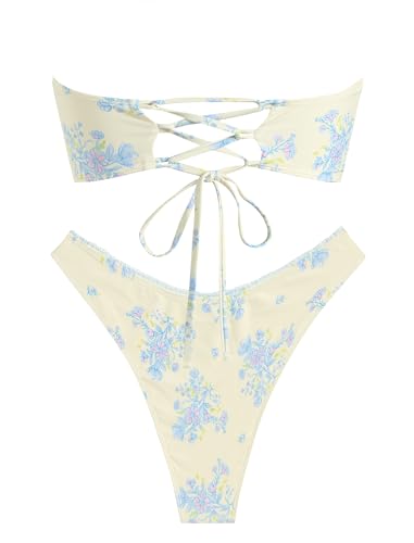 ZAFUL Women's Strapless Bikini Openwork Textured Bow Ruched Lace Up High Cut Bandeau Swimsuit Bathing Suits2
