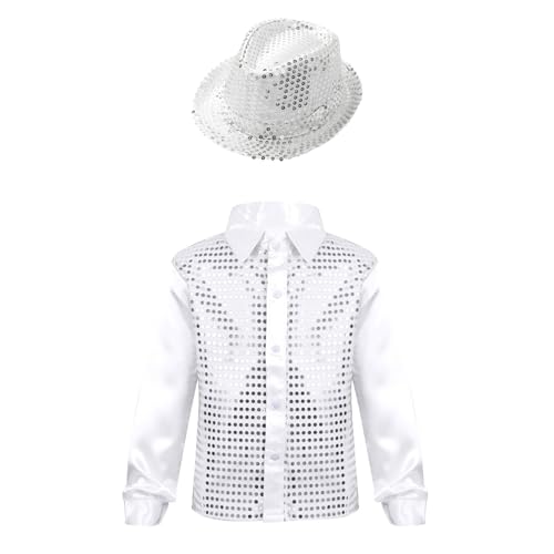 ranrann - ranrann Enfant Garçon Chemise Paillette Manches Longues Costume Brillant Danse Disco Top Danse Moderne Jazz Tenue 4-14 Ans, Blanc, 11-12 ans