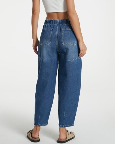 Women Casual Loose Cropped Pants Denim Bloomers Elastic Waist with Pockets2