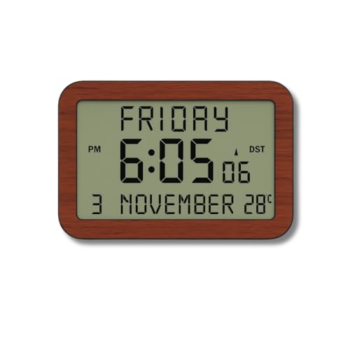 Radio-Controlled Digital Clock with Extra-Large Display 20 x 12.5 cm | Wood-Effect Finish | Atomic Accuracy | Twin Alarms | Day Date Temperature