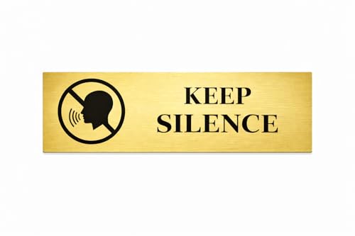 Image of Brushed Silver PVC Office Sign with Double-Sided Tape | Durable 10x3 Inch Signage for Clinics, Malls, Gyms & Hospitals - Available in Silver & Gold (Brushed Gold /, Keep Silence)