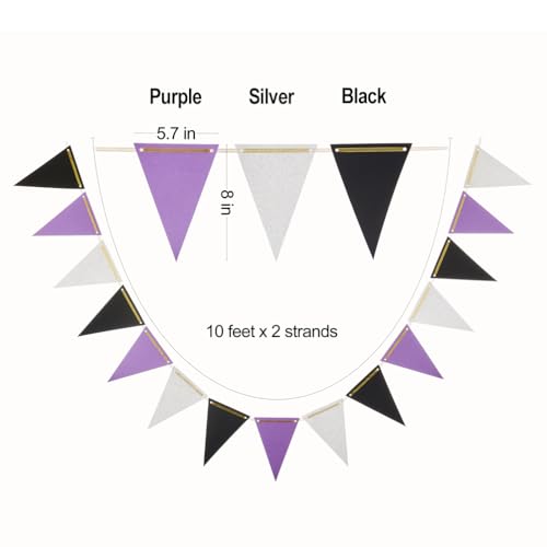 Image of MOWO Purple Black and Silver Pennant Banner Paper Bunting, 30pc, 20 feet | Hanging Decoration, Graduation Birthday Retirement Halloween Party