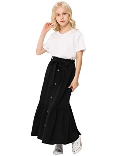 Geru Girl's Button Midi Skirts Casual High Elastic Waist A Line Pleated Midi Chiffon Black Skirts With Pockets 3-4 Years #TOP3