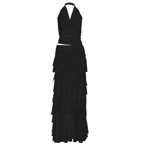 Women's Backless Halter Neck Tops with Ruffle Long Skirt Set