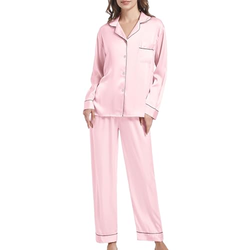 SHCNSJC Damen Langarm Schlafanzug Satin Pyjama Set Nachtwäsche mit Knopfleiste Damen Winter...