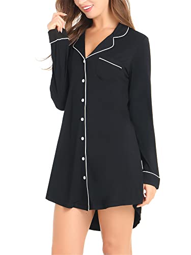 Cherrydew Bamboo Viscose Nightgown Women Super Soft Comfy Cooling Breathable Long Sleeve Sleepwear Button Down Sleep Shirts