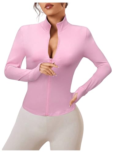 OYOANGLE Women's Zip Up Mock Neck Long Sleeve Track Jacket Slim Fit Athletic Running Coat Outerwear Pink Small
