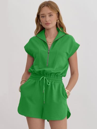 Image of Rompers for Women Summer Short Sleeve Half Zip Lapel Collar Jumpsuit Casual Drawstring One Piece Outfits with Pockets